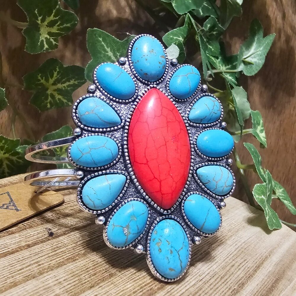 Silver Cuff Southwestern Style Bracelet. Turquoise and Red Faux Stones. NWT. - Picture 9 of 9